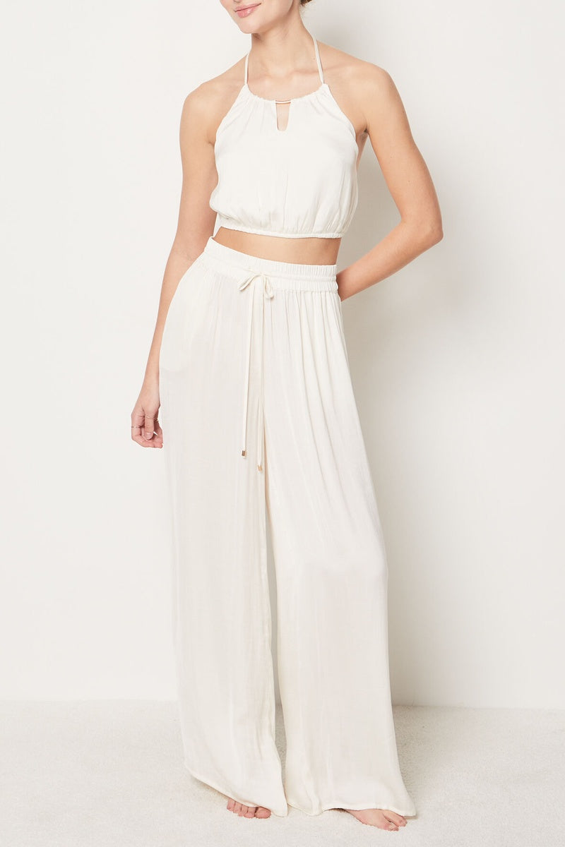 Crop Top Cheet Écru Dos Smocké avec Liens à Nouer