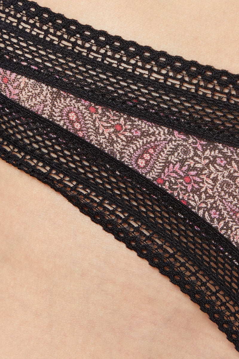 Tanga Caprice Noir Dentelle à Motifs Cachemire et Fond Coton