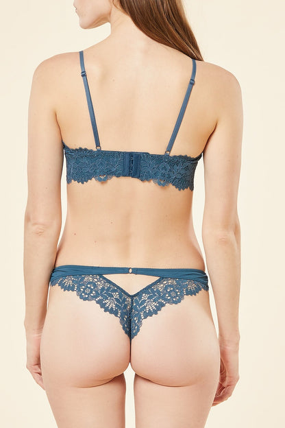 Tanga en Dentelle Bleu Pétrole avec Nœud Satiné au Dos