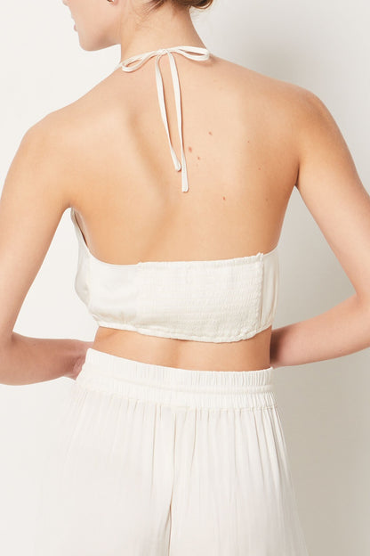 Crop Top Cheet Écru Dos Smocké avec Liens à Nouer