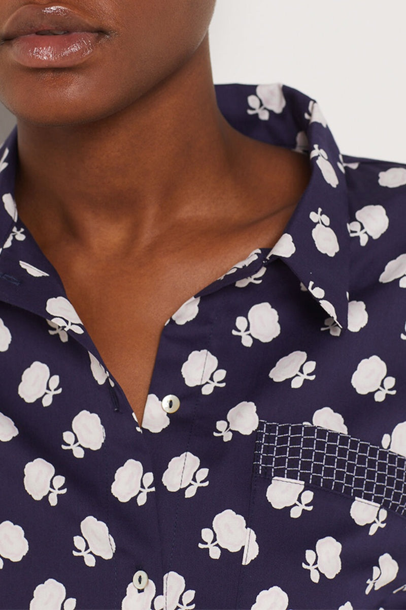 Magnifique Chemisier Florish Bleu Marine à Motifs Fleuris en Coton