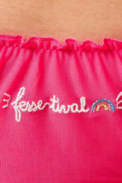 Tanga Fessetival Fuchsia avec Broderies Fantaisie et Taille Élastique