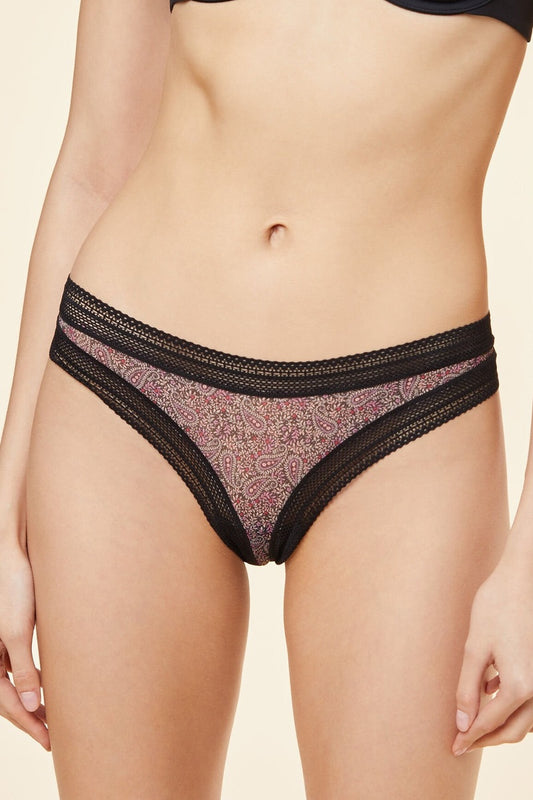 Tanga Caprice Noir Dentelle à Motifs Cachemire et Fond Coton