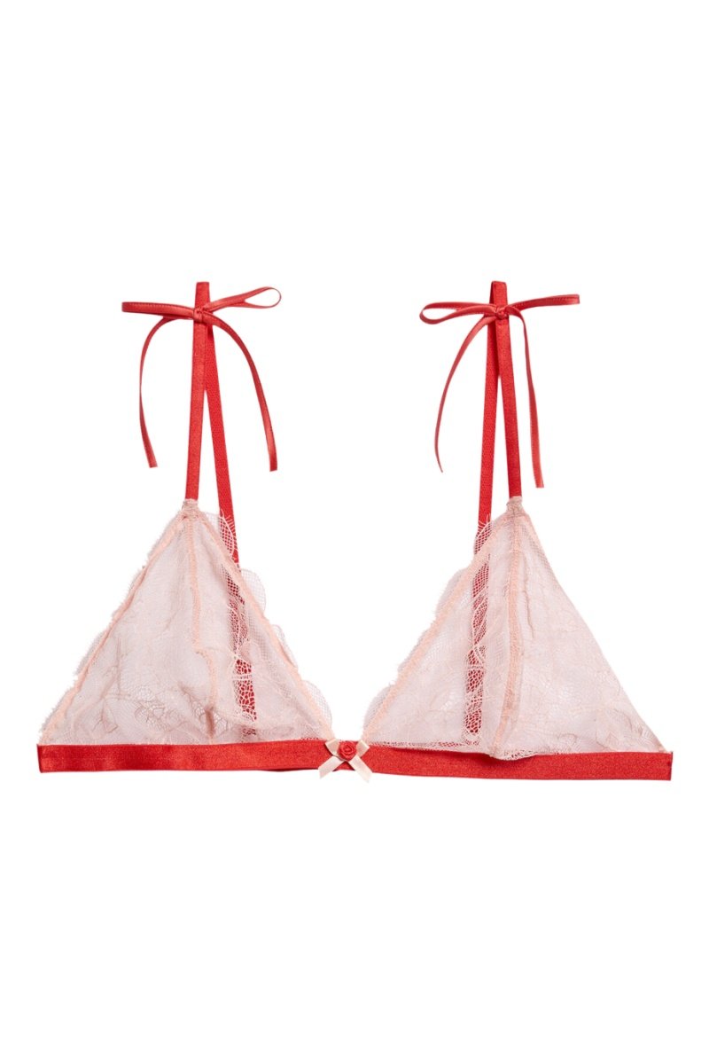 Soutien-gorge triangle rose et rouge en dentelle fine et délicate