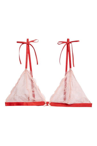 Soutien-gorge triangle rose et rouge en dentelle fine et délicate