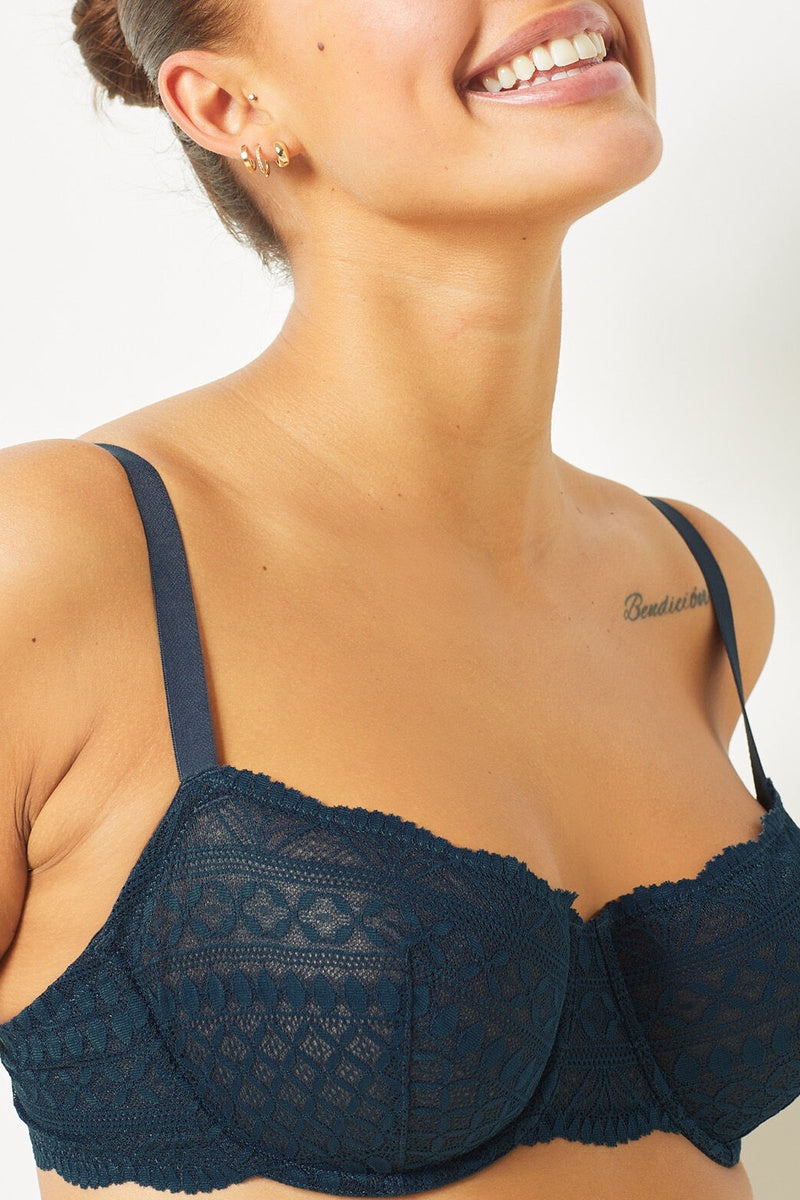 Soutien-gorge Balconnet Idole en Dentelle avec Armatures Bleu Foncé