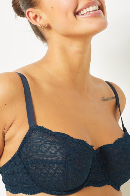 Soutien-gorge Balconnet Idole en Dentelle avec Armatures Bleu Foncé